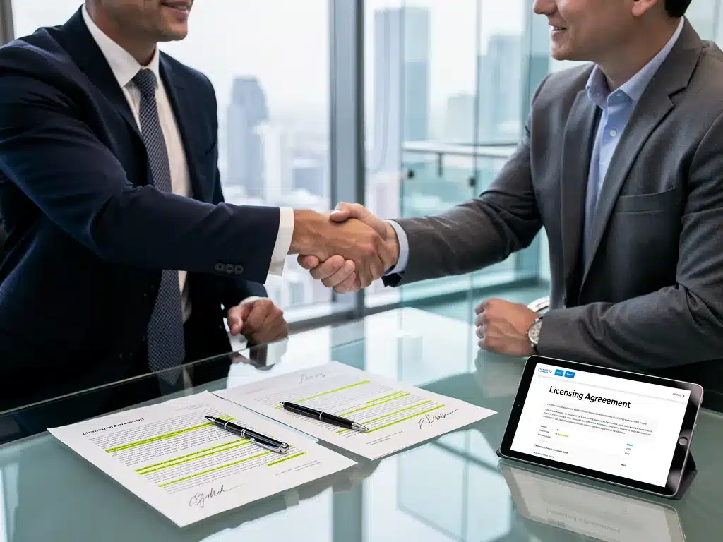 Executives finalizing a new licensing agreement for US distribution with a handshake and legal documents.