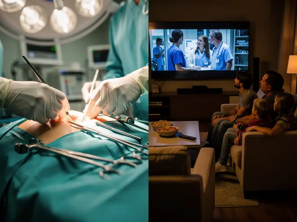 Surgeon's hands operating and a family watching a medical drama on TV.