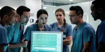 Actors in scrubs intensely watching a patient monitor on a modern hospital set.