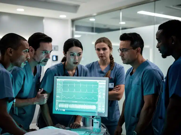 Actors in scrubs intensely watching a patient monitor on a modern hospital set.
