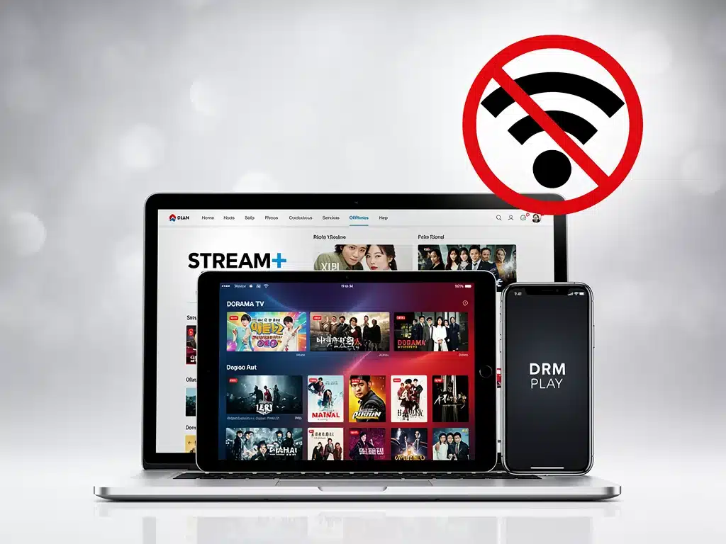 Multiple devices showing streaming apps for dorama downloads, offline symbol