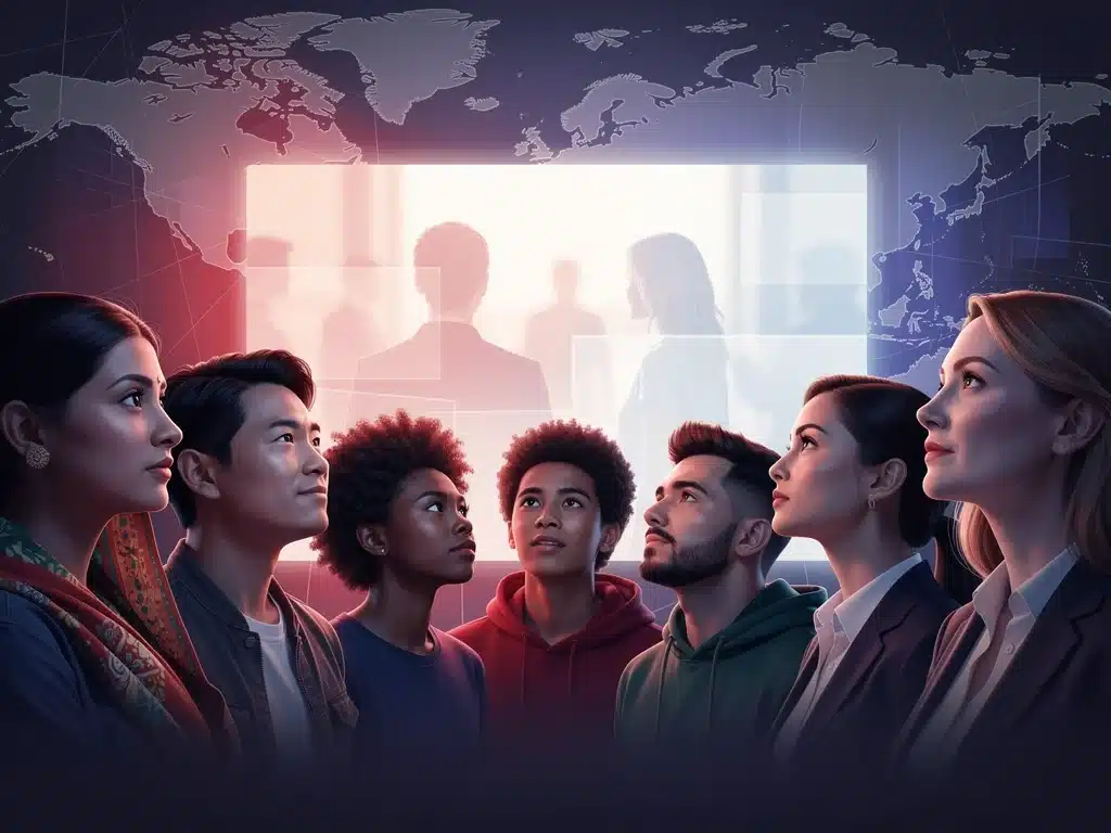Diverse global audience watching a screen, representing Netflix's international co-productions.