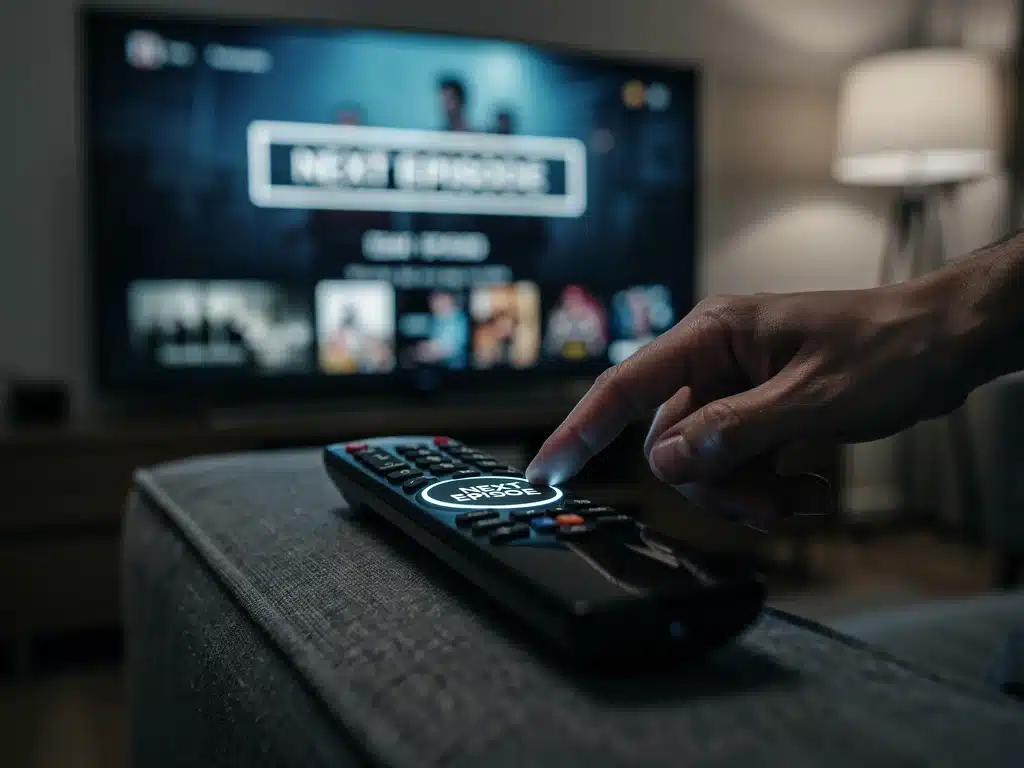 Hand selecting 'next episode' on a remote control, driven by cliffhanger suspense.