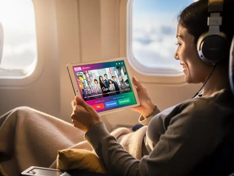 Person watching dorama offline on tablet, maximizing streaming app downloads