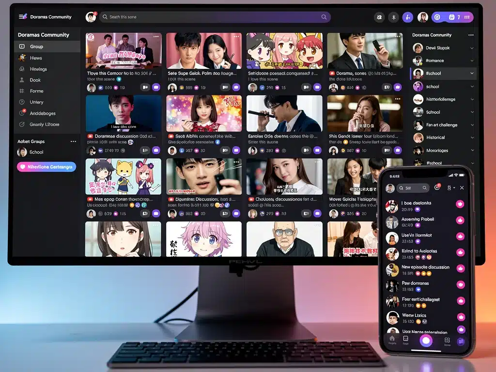 Online dorama fan community engaging in discussions and sharing content, showcasing digital platforms