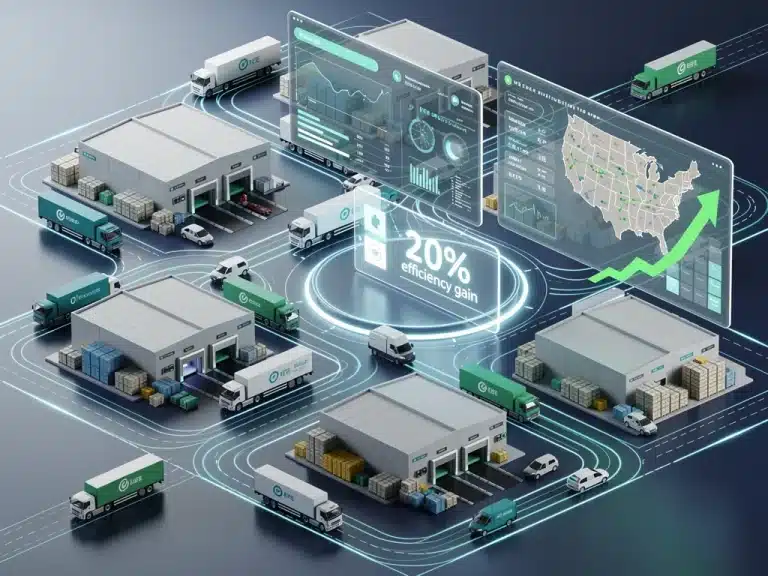 Optimized US distribution network with digital tracking and efficiency metrics.
