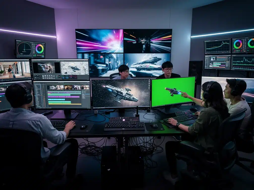 Post-production team collaborating on visual effects for a co-production.