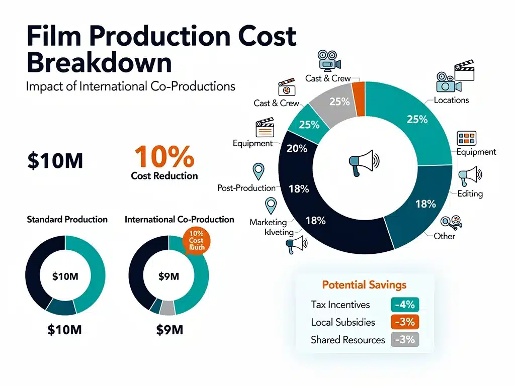 Infographic showing film production cost breakdown and 10% savings from global co-productions.