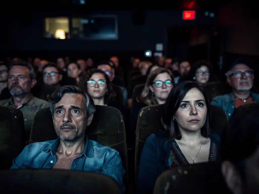 Public attentif dans un cinéma indépendant, captivé par un drame français sur grand écran.