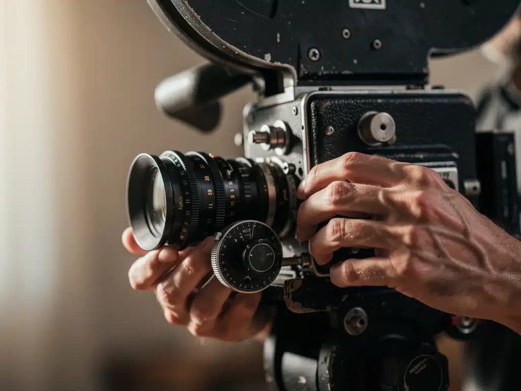 Mains d'un réalisateur sur une caméra de cinéma vintage, symbolisant la création d'un drame français.