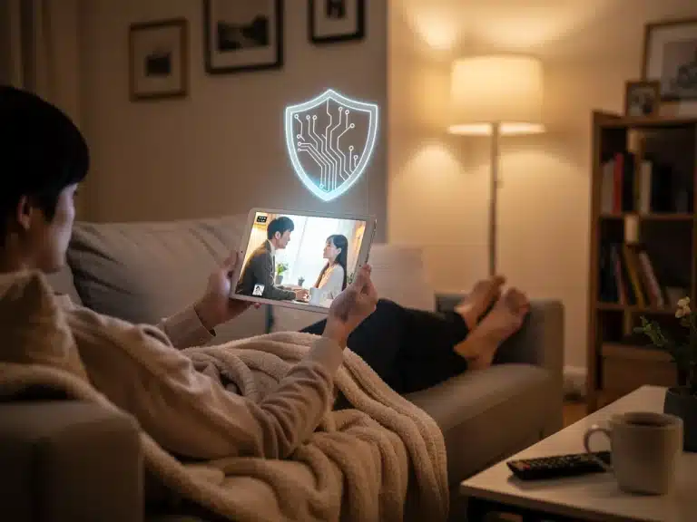 Secure dorama streaming on a tablet with cybersecurity shield icon