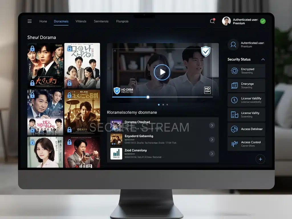 Secure streaming platform interface with dorama content and DRM