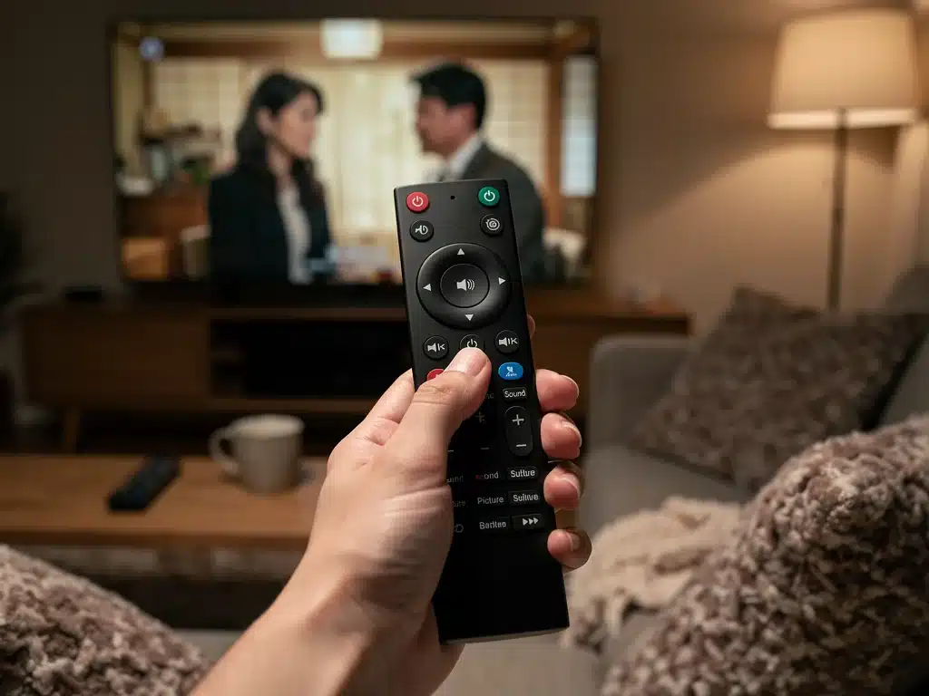 Person adjusting smart TV settings for dorama viewing quality with remote control.