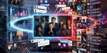 Social media influence on US drama popularity, digital screens showing engagement metrics and audience interaction.