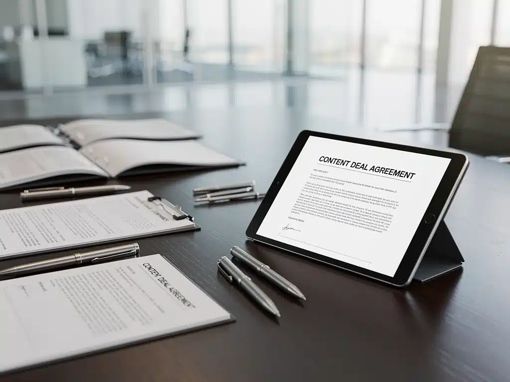 Negotiation table with documents and contracts, highlighting strategic content deal discussions.