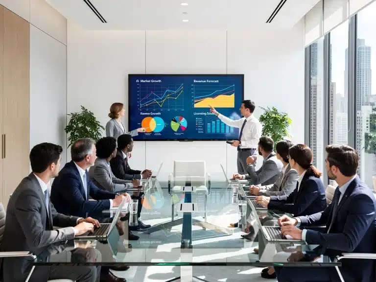 Business team collaborating on strategic licensing deals for US distribution in 2026, reviewing market data.