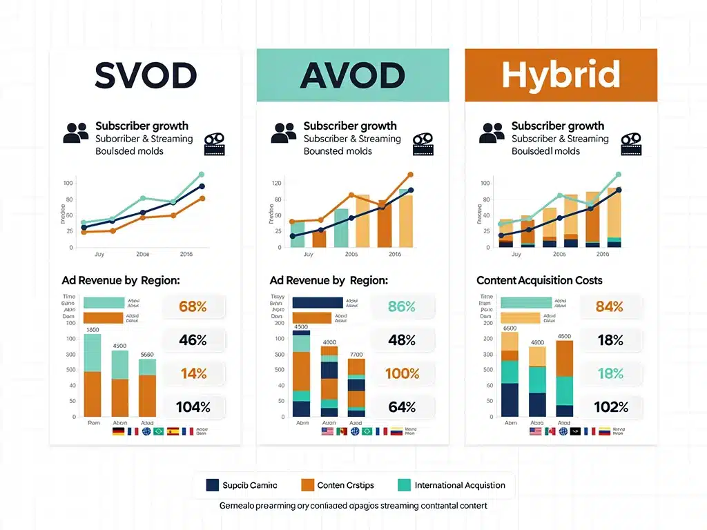 Infographic comparing SVOD, AVOD, and hybrid streaming model metrics