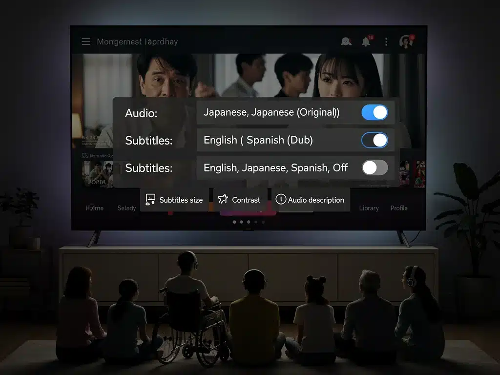 Streaming platform interface with dubbing and subtitling options for dorama fans