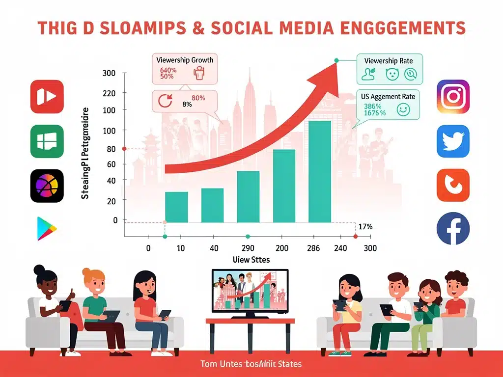 Infographic showing growth in US streaming and social media for dorama promotion.