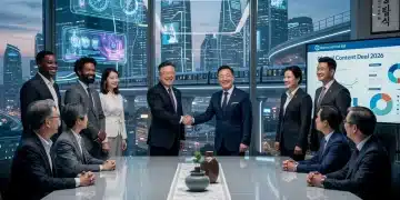 Executives shaking hands over a table, symbolizing successful Korean content deal negotiation.