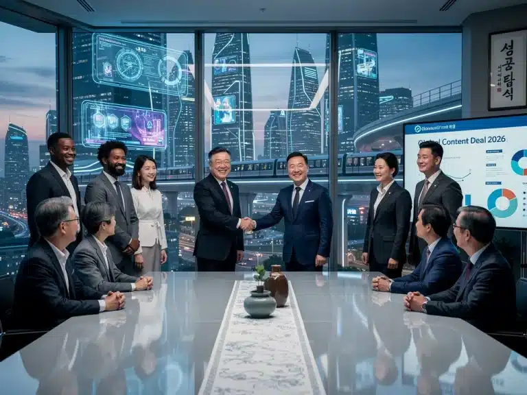 Executives shaking hands over a table, symbolizing successful Korean content deal negotiation.