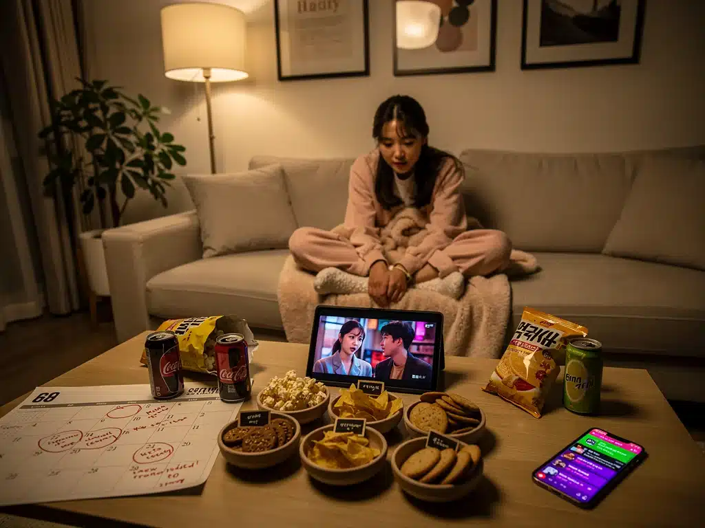 Fan tracking K-drama release dates on a tablet with snacks