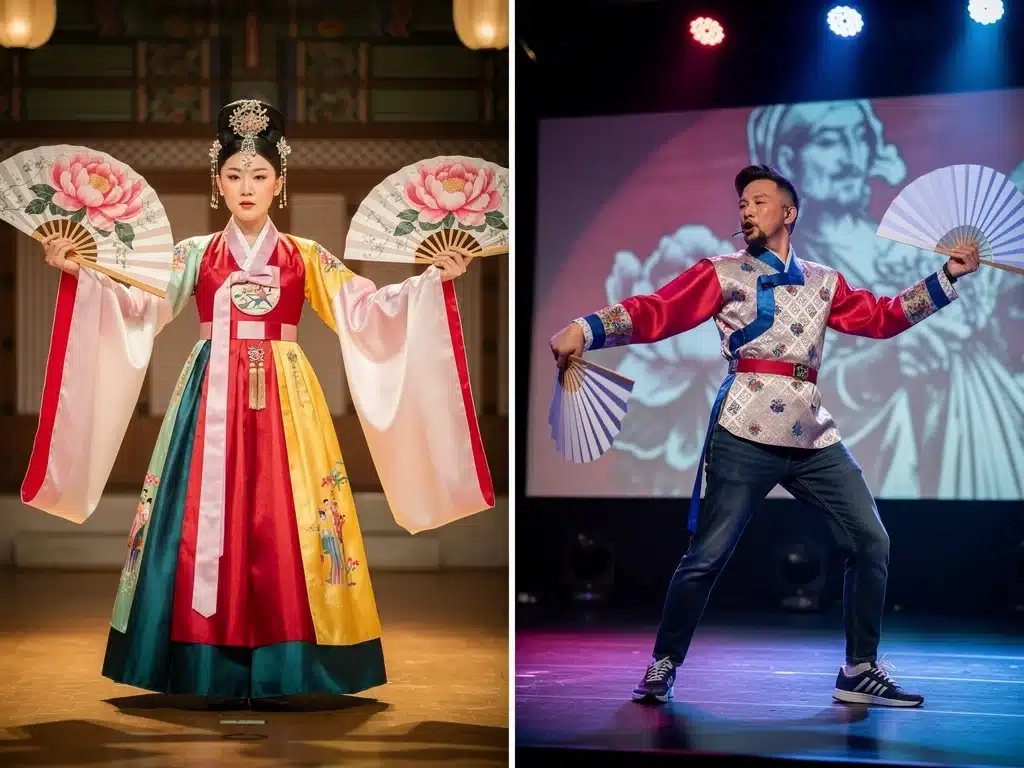 Traditional Korean fan dance versus American artist with Korean-inspired elements.
