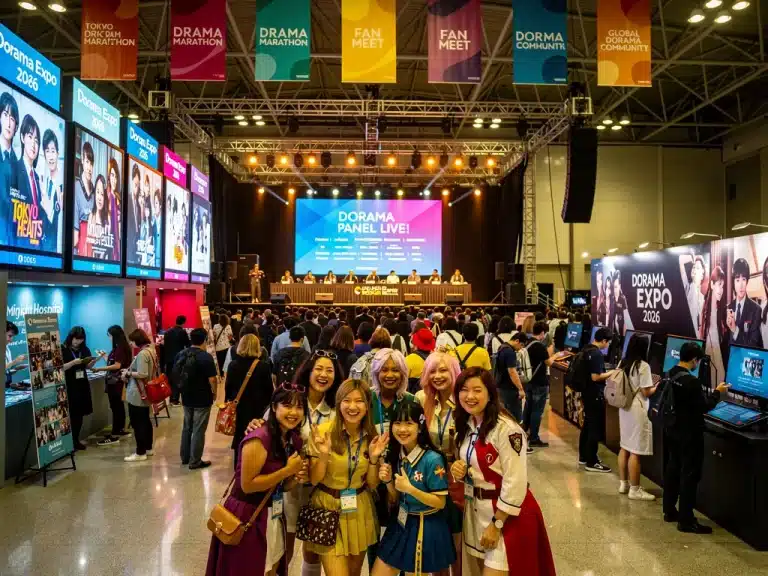 Attendees enjoying a bustling US dorama convention in 2026, featuring cosplayers and fan interactions.