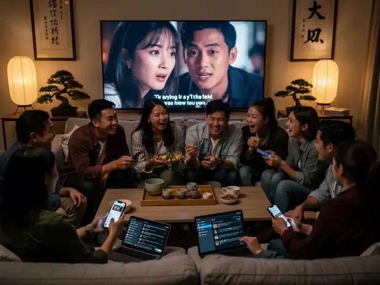 Diverse US dorama fans engaging with Asian dramas on digital platforms, symbolizing fandom growth