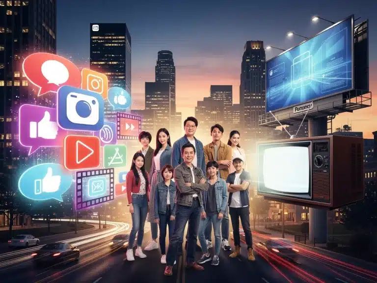 Strategic marketing channels for dorama promotion in the US, depicting digital and traditional media integration.