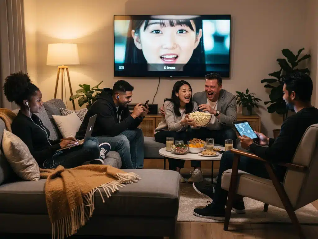 Diverse US audience watching K-dramas on multiple devices in a comfortable living room, highlighting growing market demand.