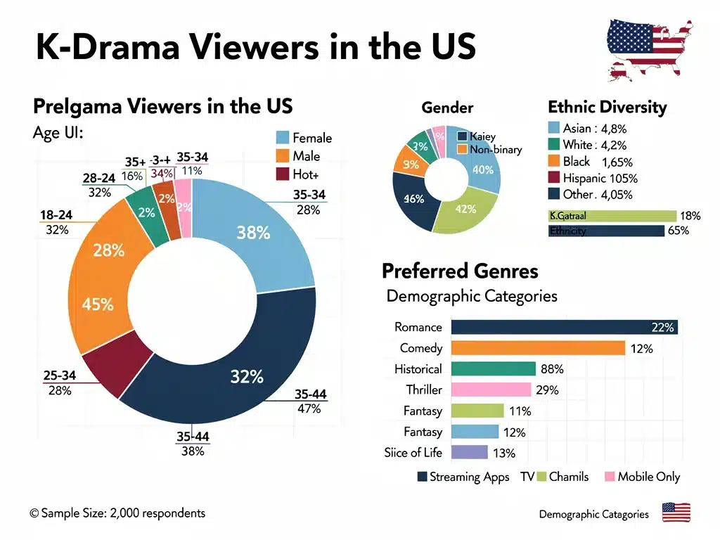 Infographic detailing US K-drama viewer demographics: age, gender, ethnicity, preferred genres, and streaming platforms.