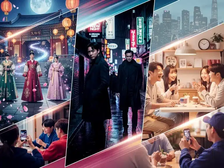 Diverse K-drama scenes illustrating niche genres gaining popularity in the US, depicting fantasy, thriller, and romantic comedy elements.