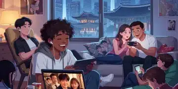 Diverse US viewers watching K-dramas on devices, symbolizing 2026 K-drama market penetration and cultural exchange.