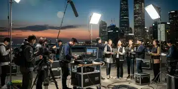Behind the scenes of a US-Korean co-production film set with diverse crew.