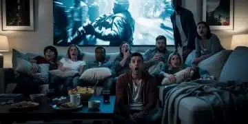Captivated U.S. audience watching a suspenseful thriller drama, reflecting emotional engagement.