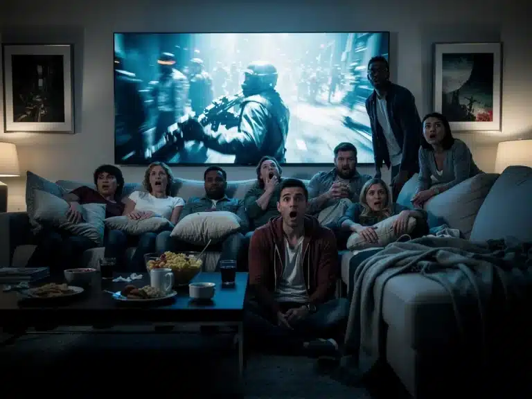 Captivated U.S. audience watching a suspenseful thriller drama, reflecting emotional engagement.