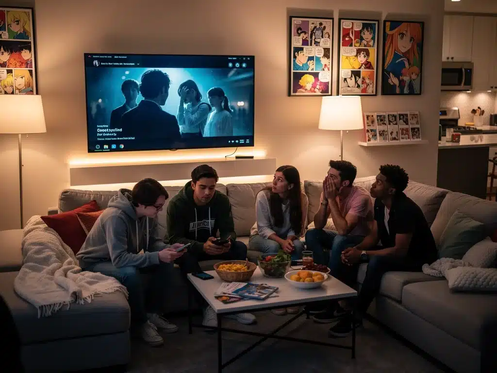 US viewers engaged with webtoon-adapted dramas on a streaming platform, modern living room