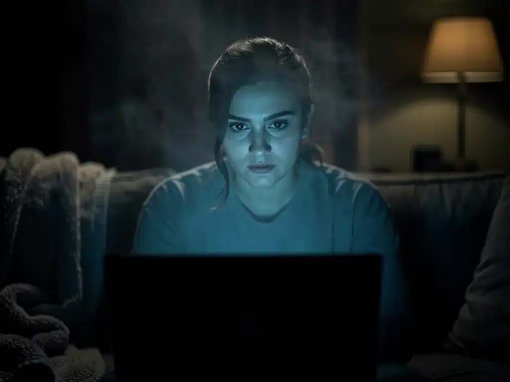 Viewer immersed in a suspenseful thriller drama, highlighting escapism.