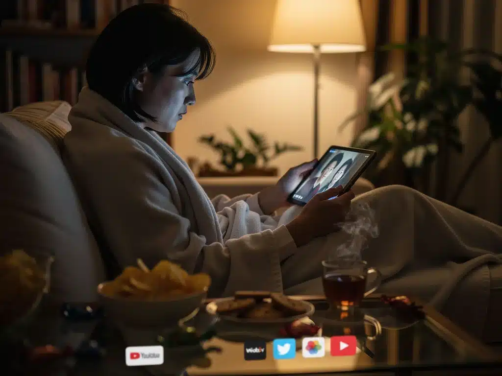 Person watching k-drama on tablet with snacks