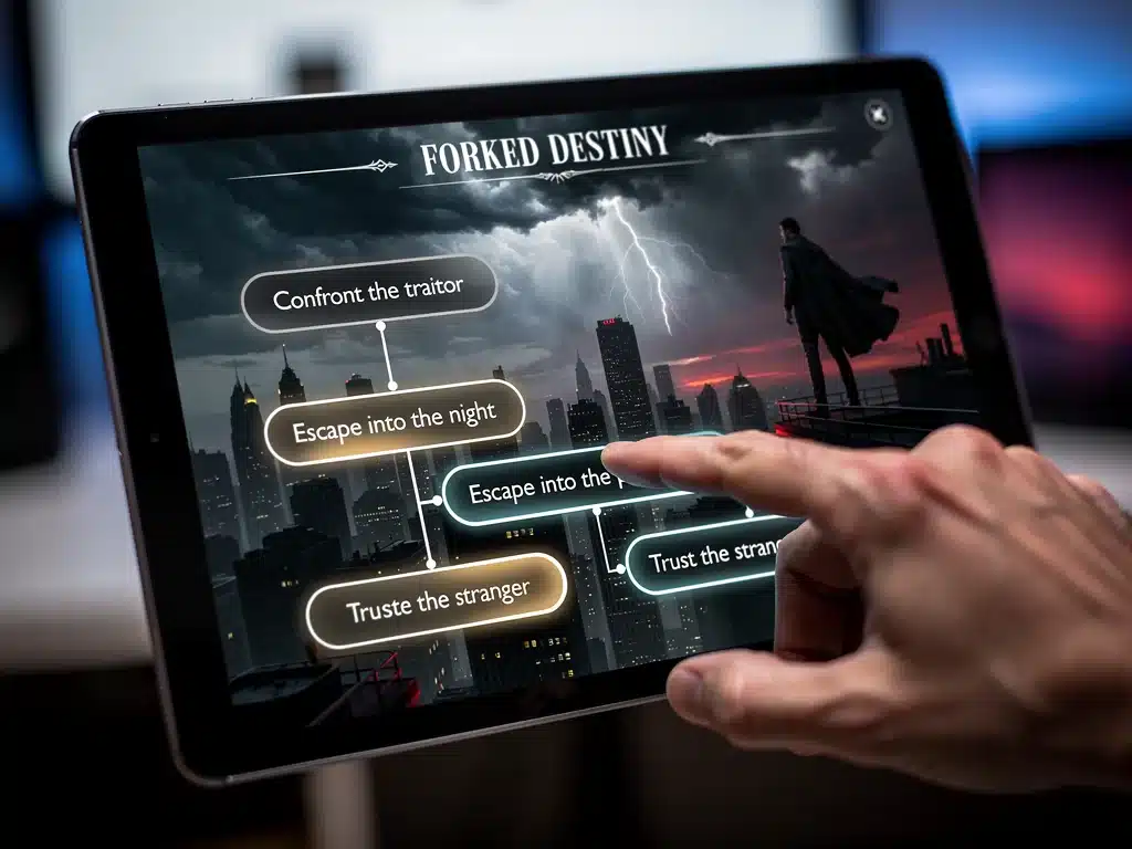 Digital interface illustrating branching narrative choices and multiple story paths