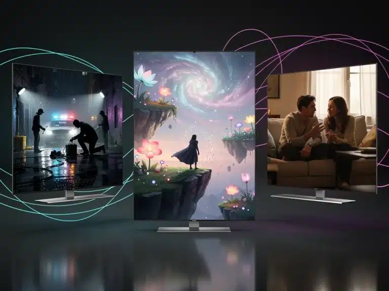 Dynamic collage of three hybrid drama scenes, symbolizing genre blending and new storytelling.