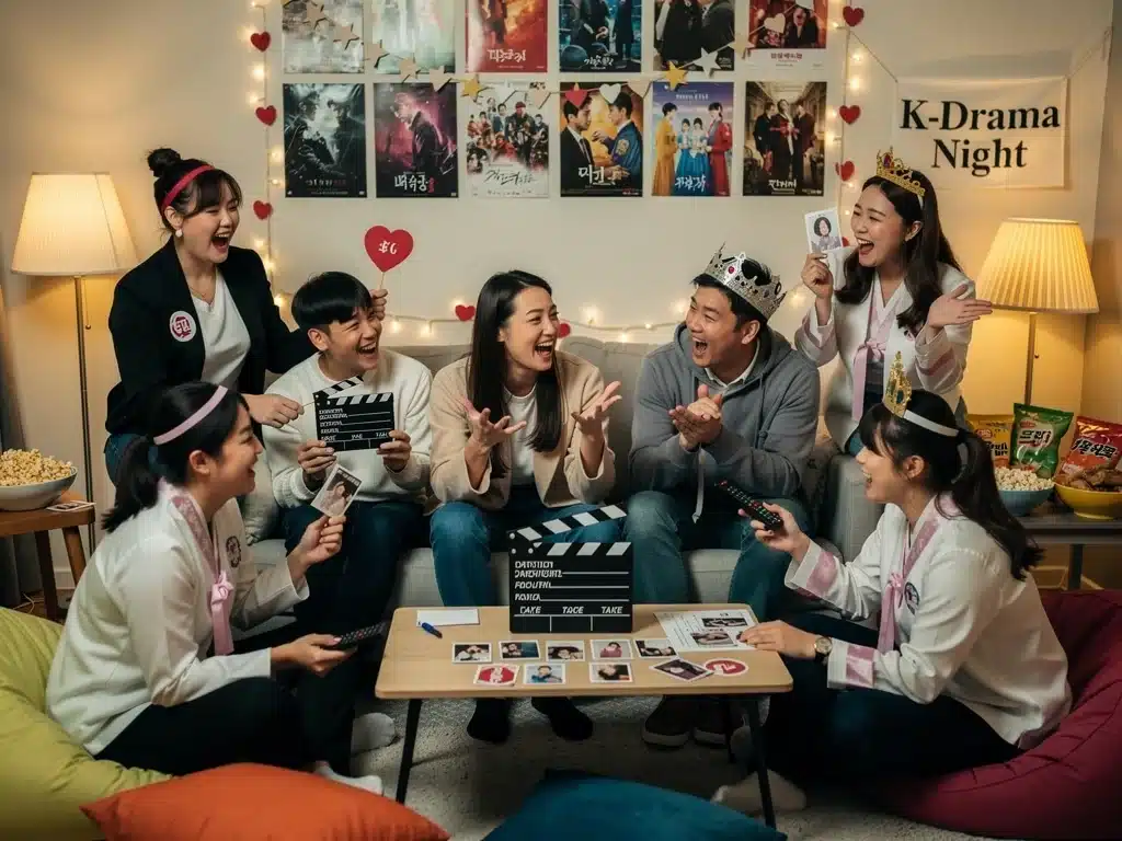 K-Drama fans playing games and discussing series at a themed viewing party