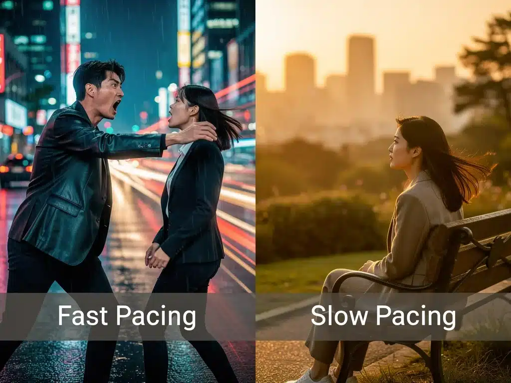 Split screen illustrating fast versus slow K-drama narrative pacing.