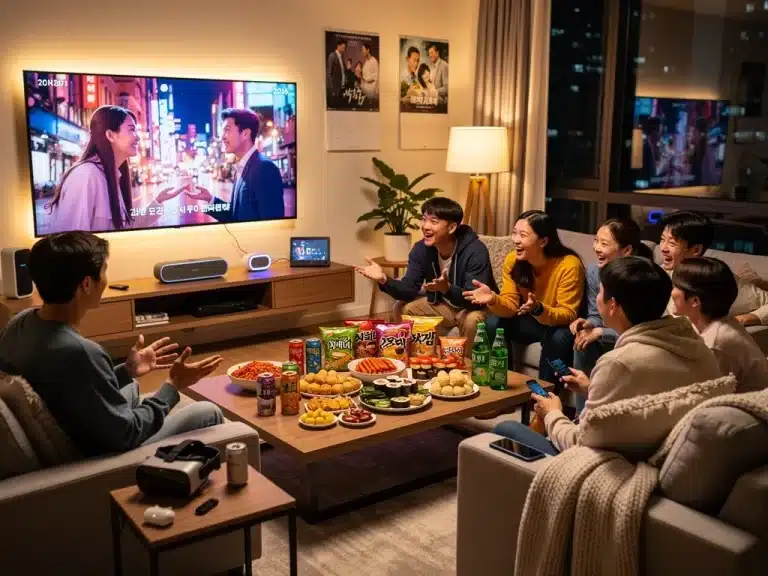 Friends watching K-Drama on a large screen with snacks, creating a cozy viewing party atmosphere in 2026