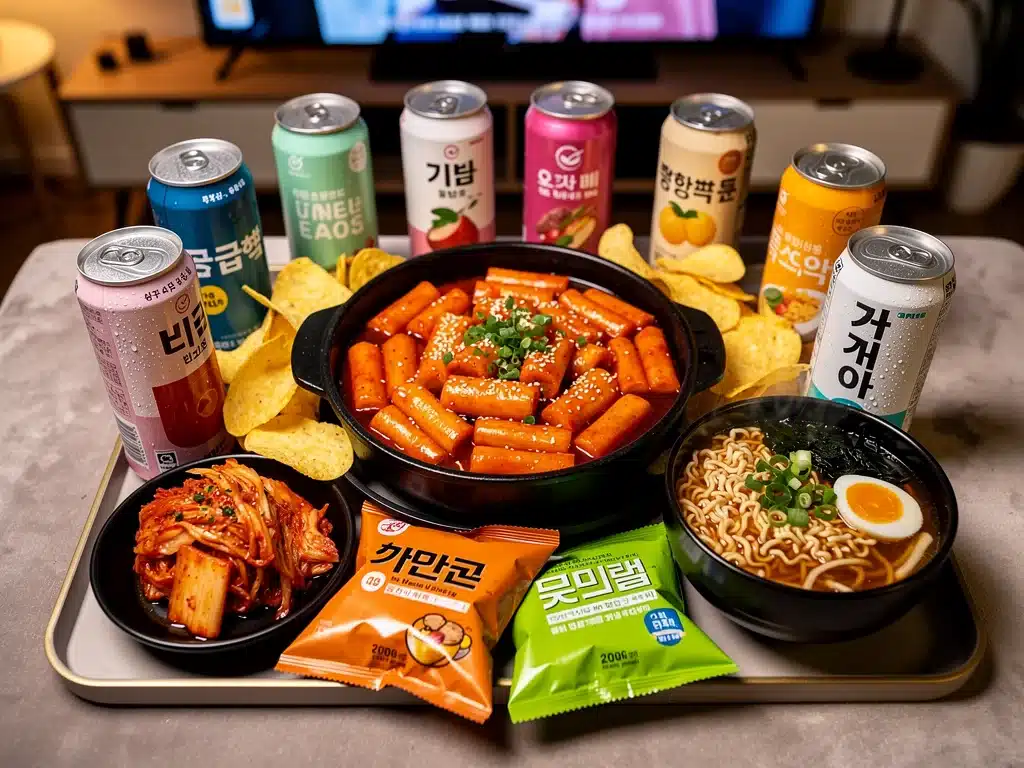 Assortment of popular Korean snacks and drinks for a K-Drama viewing party in the US