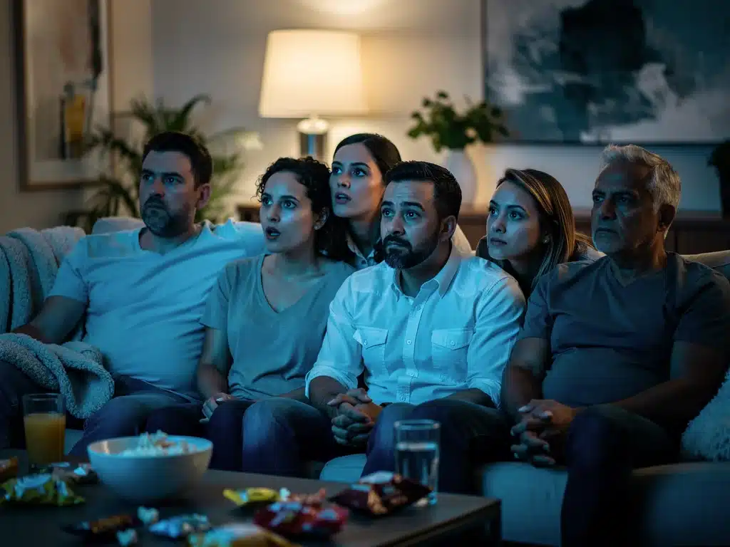 Diverse viewers reacting emotionally to a hybrid drama on a large TV screen.