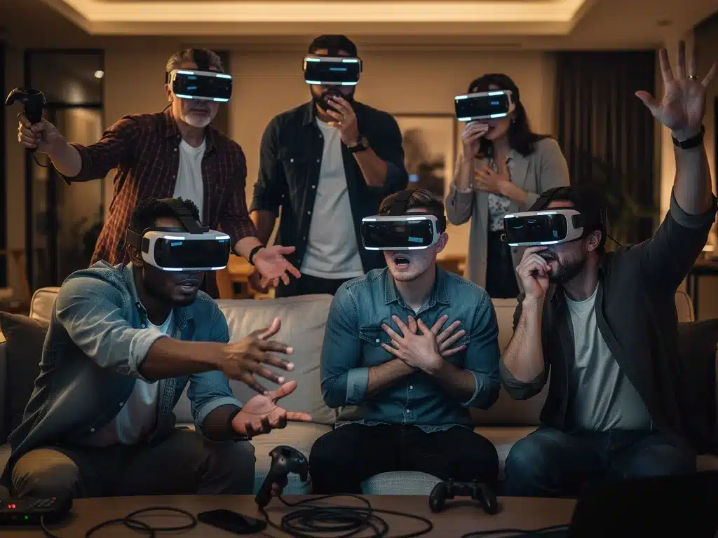 Participants using virtual reality headsets for an experimental interactive storytelling experience